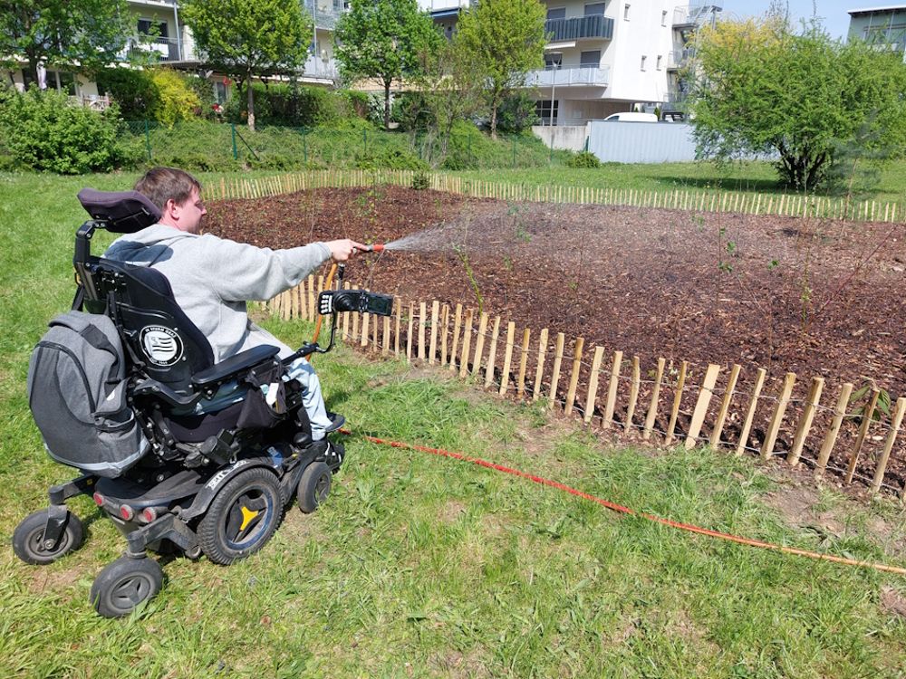 Mensch im Rollstuhl gießt Beet